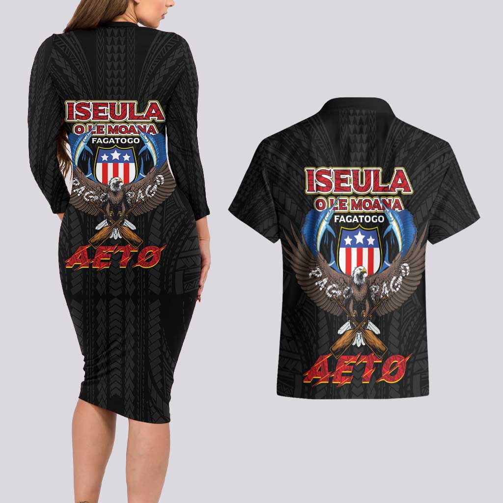 American Samoa Fautasi Couples Matching Long Sleeve Bodycon Dress and Hawaiian Shirt Pago Pago Aeto and Iseula o le Moana of Fagatogo Black Color LT03 - Polynesian Pride