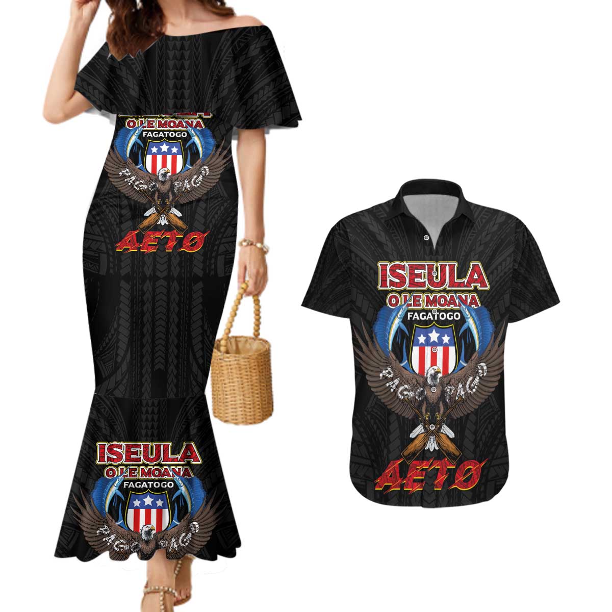 American Samoa Fautasi Couples Matching Mermaid Dress and Hawaiian Shirt Pago Pago Aeto and Iseula o le Moana of Fagatogo Black Color - Polynesian Pride