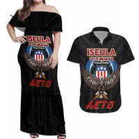 American Samoa Fautasi Couples Matching Off Shoulder Maxi Dress and Hawaiian Shirt Pago Pago Aeto and Iseula o le Moana of Fagatogo Black Color LT03 Black - Polynesian Pride