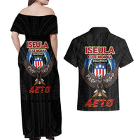American Samoa Fautasi Couples Matching Off Shoulder Maxi Dress and Hawaiian Shirt Pago Pago Aeto and Iseula o le Moana of Fagatogo Black Color LT03 - Polynesian Pride