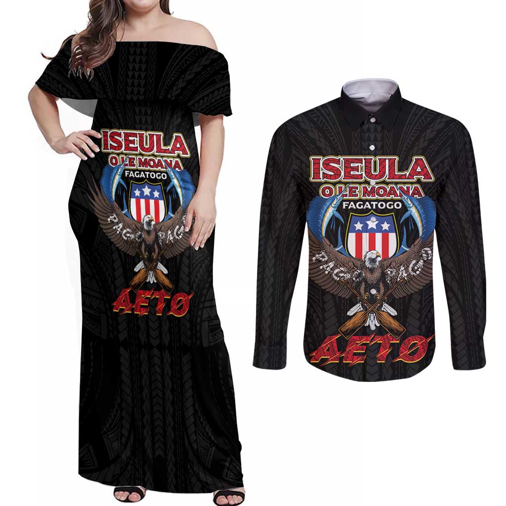 American Samoa Fautasi Couples Matching Off Shoulder Maxi Dress and Long Sleeve Button Shirt Pago Pago Aeto and Iseula o le Moana of Fagatogo Black Color LT03 Black - Polynesian Pride