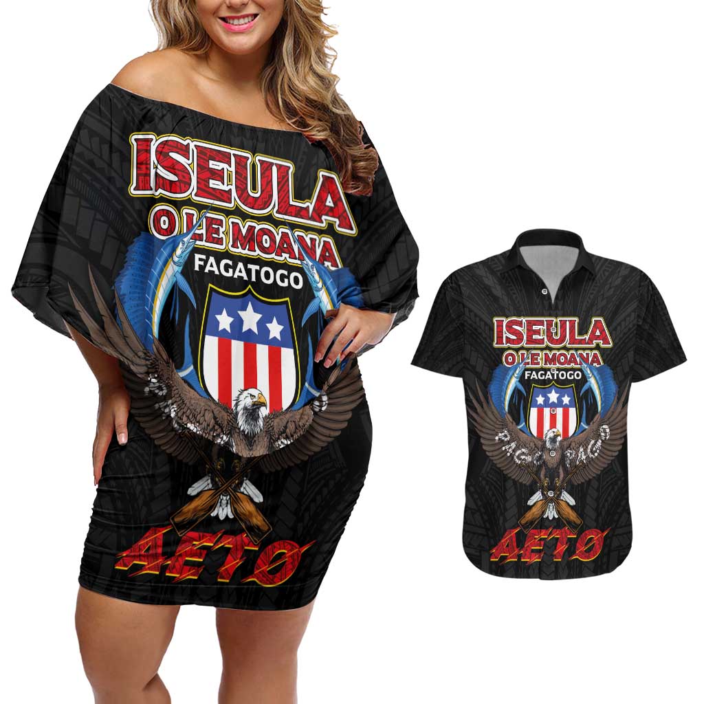 American Samoa Fautasi Couples Matching Off Shoulder Short Dress and Hawaiian Shirt Pago Pago Aeto and Iseula o le Moana of Fagatogo Black Color - Polynesian Pride
