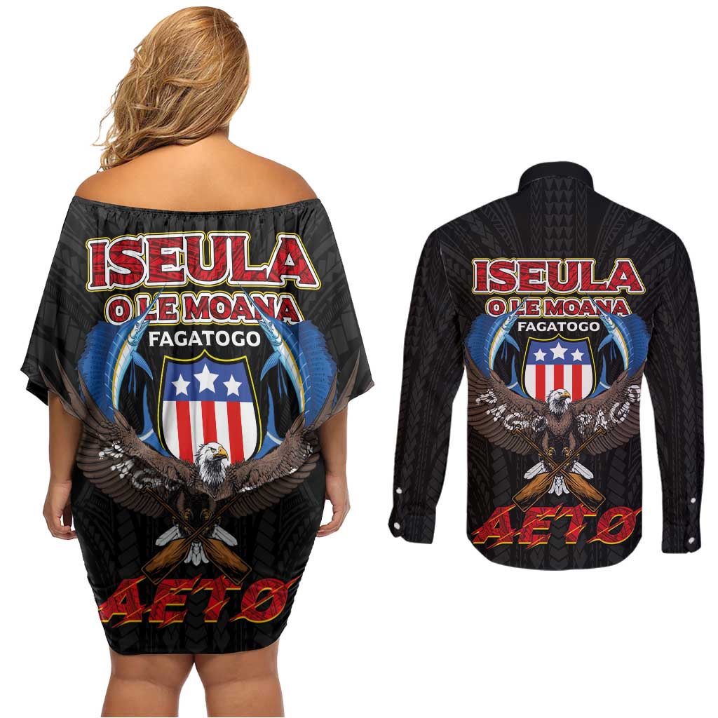 American Samoa Fautasi Couples Matching Off Shoulder Short Dress and Long Sleeve Button Shirt Pago Pago Aeto and Iseula o le Moana of Fagatogo Black Color LT03 - Polynesian Pride