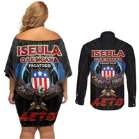 American Samoa Fautasi Couples Matching Off Shoulder Short Dress and Long Sleeve Button Shirt Pago Pago Aeto and Iseula o le Moana of Fagatogo Black Color LT03 - Polynesian Pride