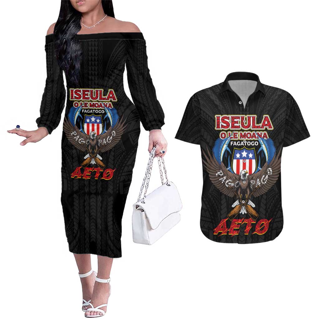 American Samoa Fautasi Couples Matching Off The Shoulder Long Sleeve Dress and Hawaiian Shirt Pago Pago Aeto and Iseula o le Moana of Fagatogo Black Color - Polynesian Pride