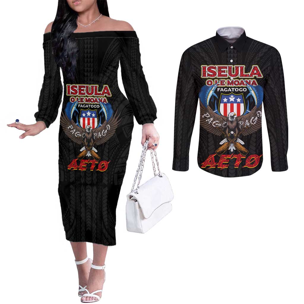 American Samoa Fautasi Couples Matching Off The Shoulder Long Sleeve Dress and Long Sleeve Button Shirt Pago Pago Aeto and Iseula o le Moana of Fagatogo Black Color LT03 Black - Polynesian Pride