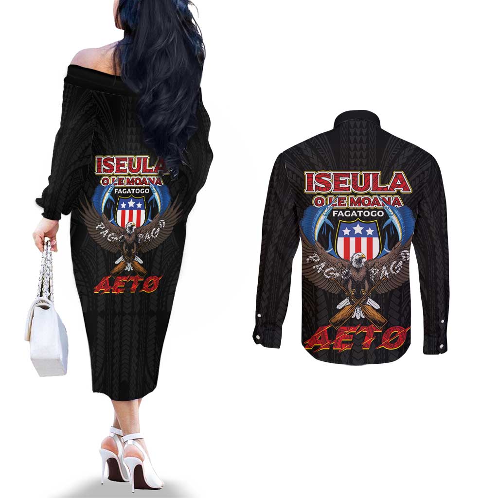 American Samoa Fautasi Couples Matching Off The Shoulder Long Sleeve Dress and Long Sleeve Button Shirt Pago Pago Aeto and Iseula o le Moana of Fagatogo Black Color LT03 - Polynesian Pride