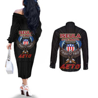 American Samoa Fautasi Couples Matching Off The Shoulder Long Sleeve Dress and Long Sleeve Button Shirt Pago Pago Aeto and Iseula o le Moana of Fagatogo Black Color LT03 - Polynesian Pride