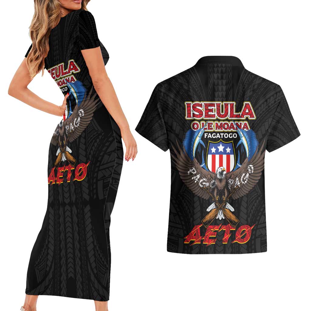 American Samoa Fautasi Couples Matching Short Sleeve Bodycon Dress and Hawaiian Shirt Pago Pago Aeto and Iseula o le Moana of Fagatogo Black Color LT03 - Polynesian Pride