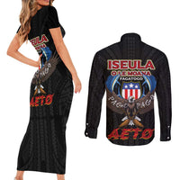 American Samoa Fautasi Couples Matching Short Sleeve Bodycon Dress and Long Sleeve Button Shirt Pago Pago Aeto and Iseula o le Moana of Fagatogo Black Color LT03 - Polynesian Pride