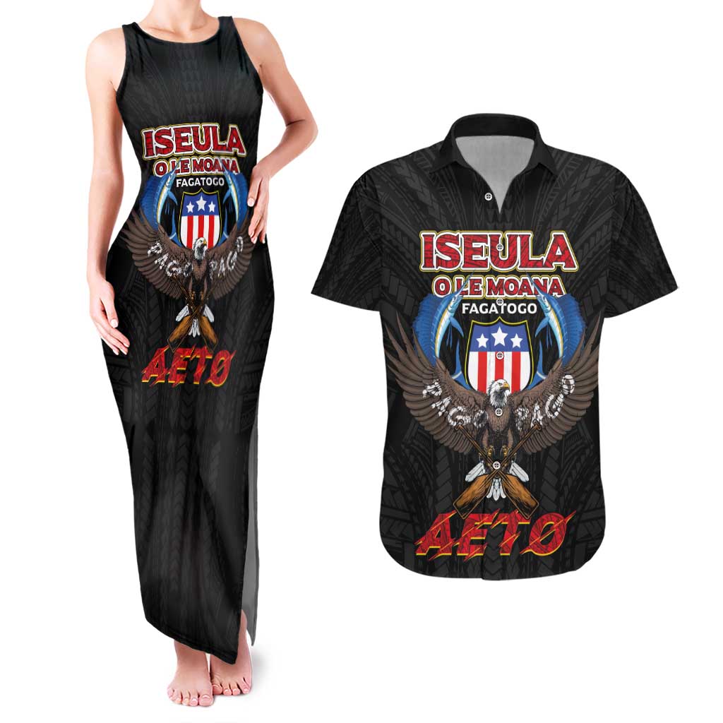 American Samoa Fautasi Couples Matching Tank Maxi Dress and Hawaiian Shirt Pago Pago Aeto and Iseula o le Moana of Fagatogo Black Color LT03 Black - Polynesian Pride