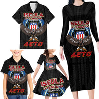 American Samoa Fautasi Family Matching Long Sleeve Bodycon Dress and Hawaiian Shirt Pago Pago Aeto and Iseula o le Moana of Fagatogo Black Color LT03 - Polynesian Pride