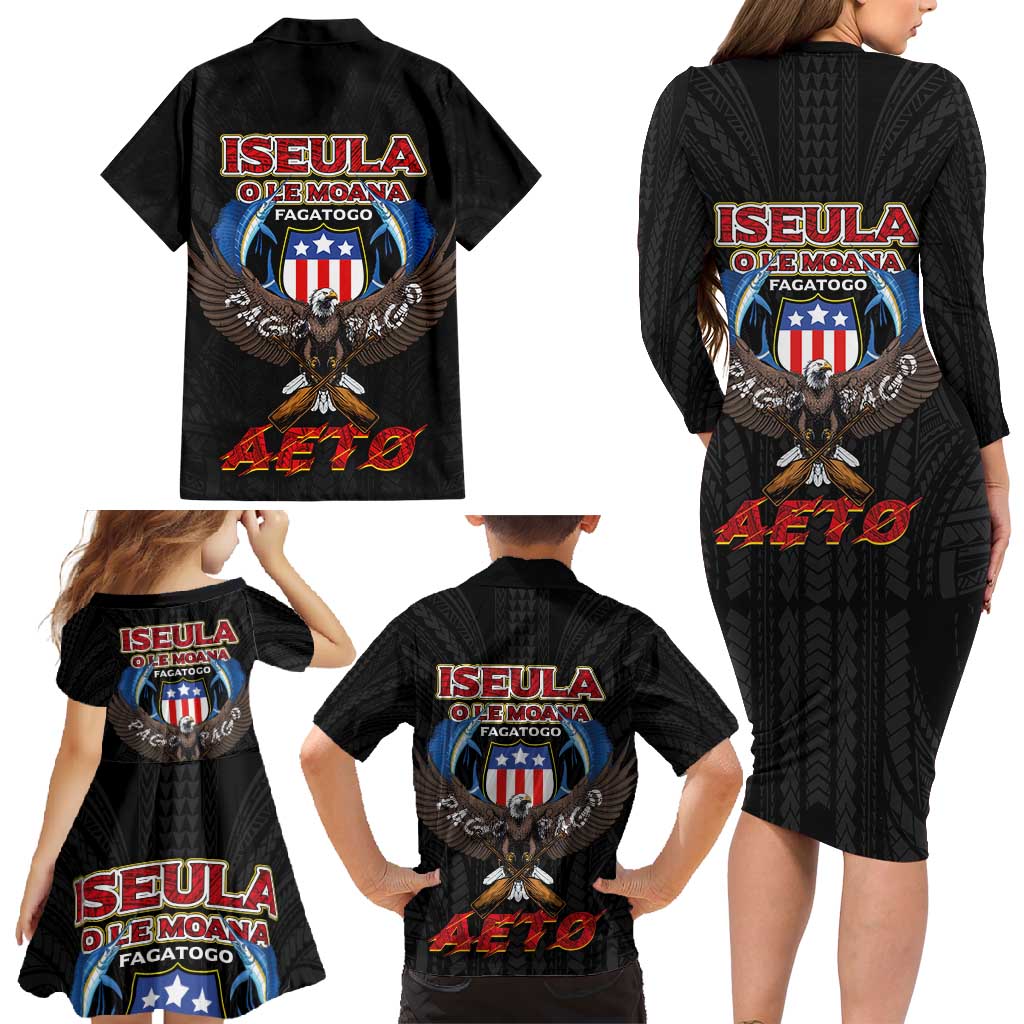 American Samoa Fautasi Family Matching Long Sleeve Bodycon Dress and Hawaiian Shirt Pago Pago Aeto and Iseula o le Moana of Fagatogo Black Color LT03 - Polynesian Pride