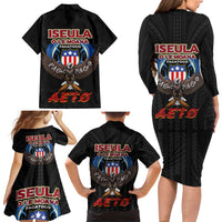 American Samoa Fautasi Family Matching Long Sleeve Bodycon Dress and Hawaiian Shirt Pago Pago Aeto and Iseula o le Moana of Fagatogo Black Color LT03 - Polynesian Pride
