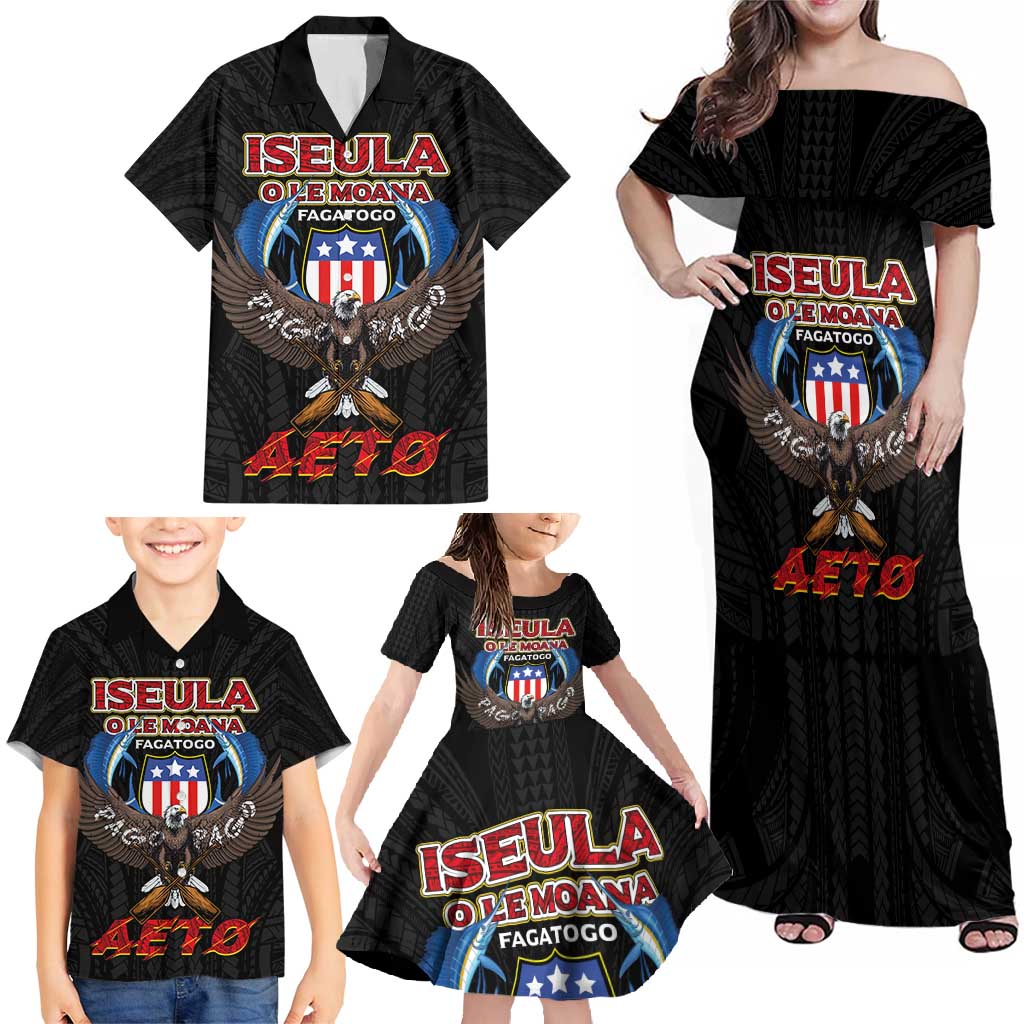 American Samoa Fautasi Family Matching Off Shoulder Maxi Dress and Hawaiian Shirt Pago Pago Aeto and Iseula o le Moana of Fagatogo Black Color - Polynesian Pride