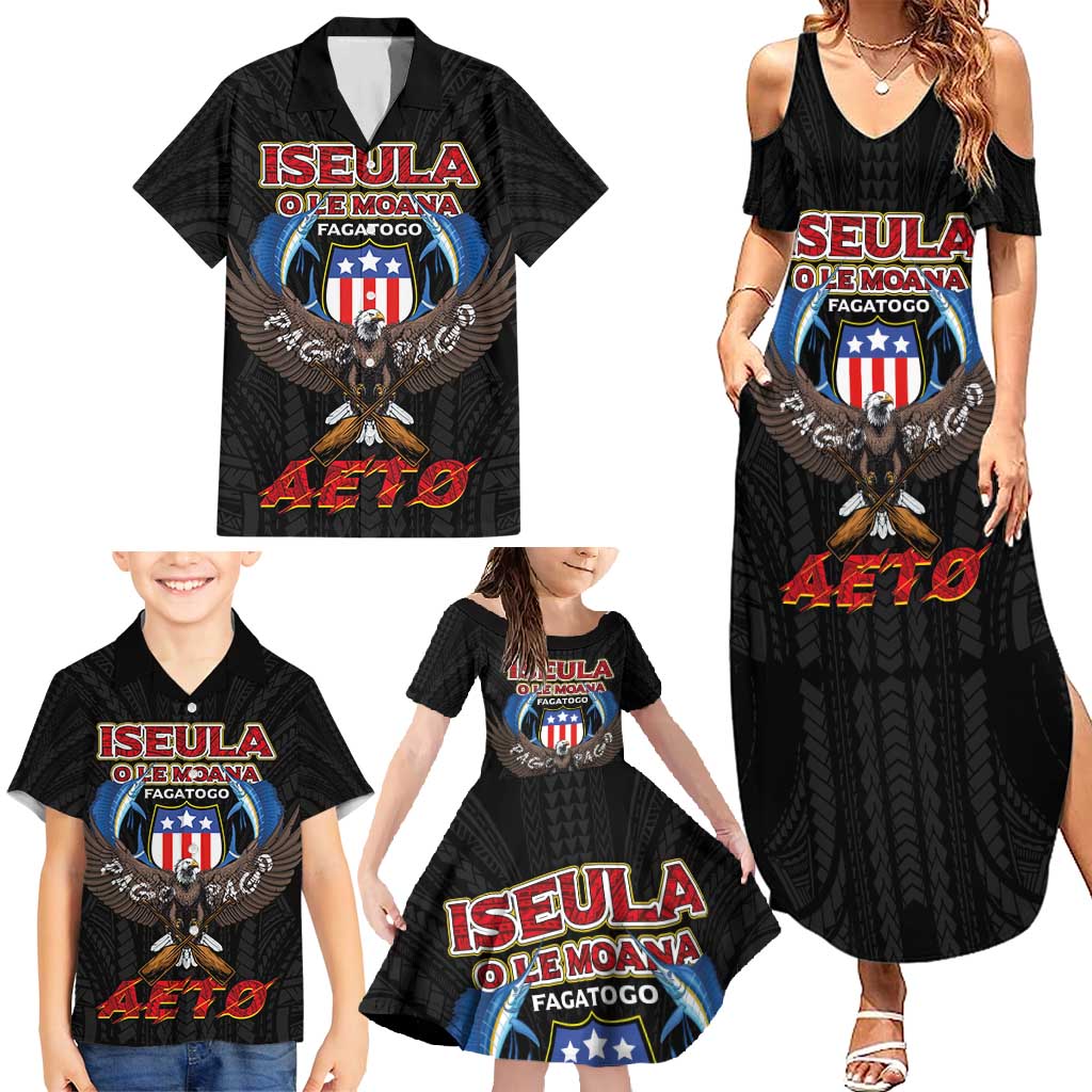 American Samoa Fautasi Family Matching Summer Maxi Dress and Hawaiian Shirt Pago Pago Aeto and Iseula o le Moana of Fagatogo Black Color - Polynesian Pride