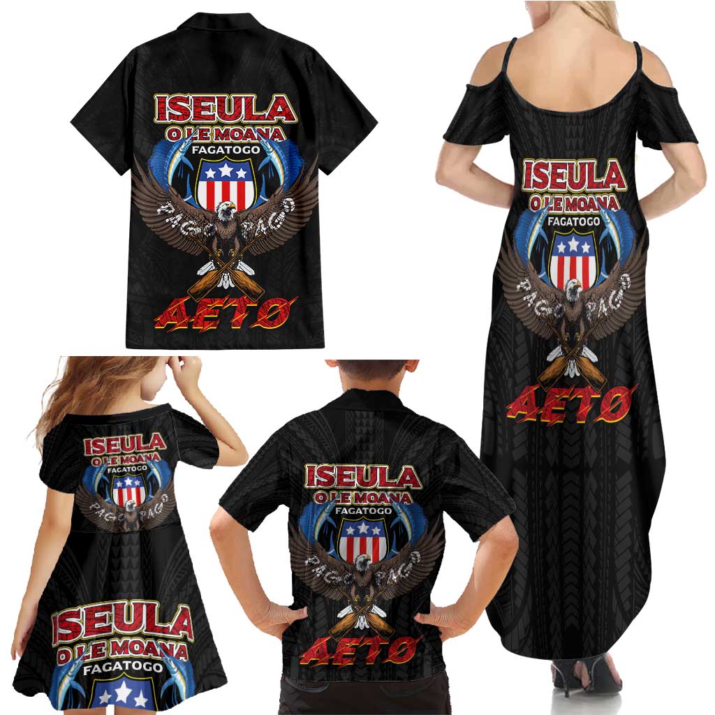 American Samoa Fautasi Family Matching Summer Maxi Dress and Hawaiian Shirt Pago Pago Aeto and Iseula o le Moana of Fagatogo Black Color LT03 - Polynesian Pride
