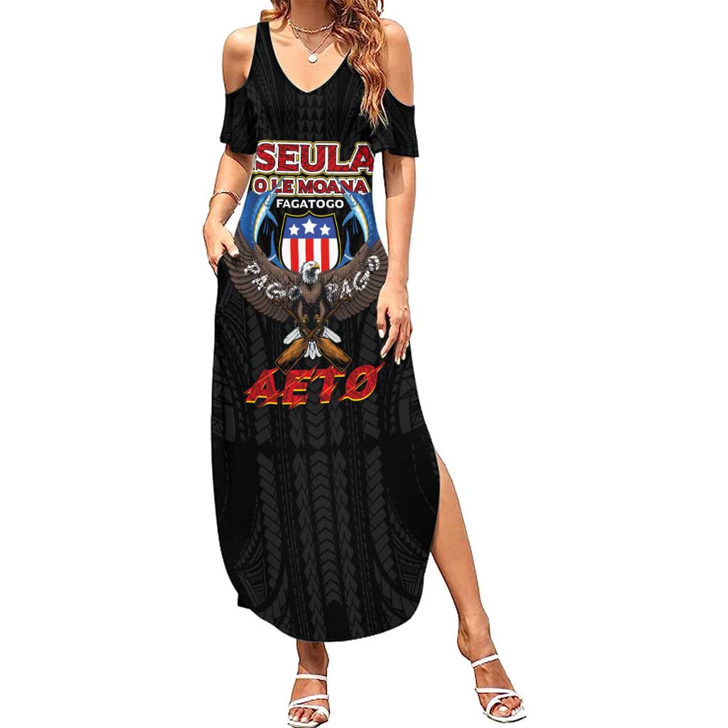 American Samoa Fautasi Family Matching Summer Maxi Dress and Hawaiian Shirt Pago Pago Aeto and Iseula o le Moana of Fagatogo Black Color LT03 Mom's Dress Black - Polynesian Pride