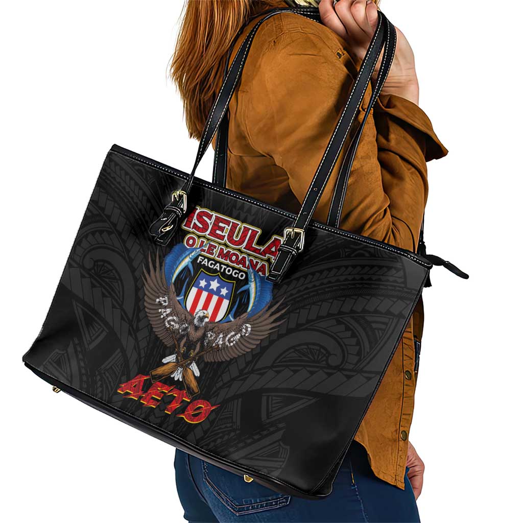 American Samoa Fautasi Leather Tote Bag Pago Pago Aeto and Iseula o le Moana of Fagatogo Black Color LT03 - Polynesian Pride