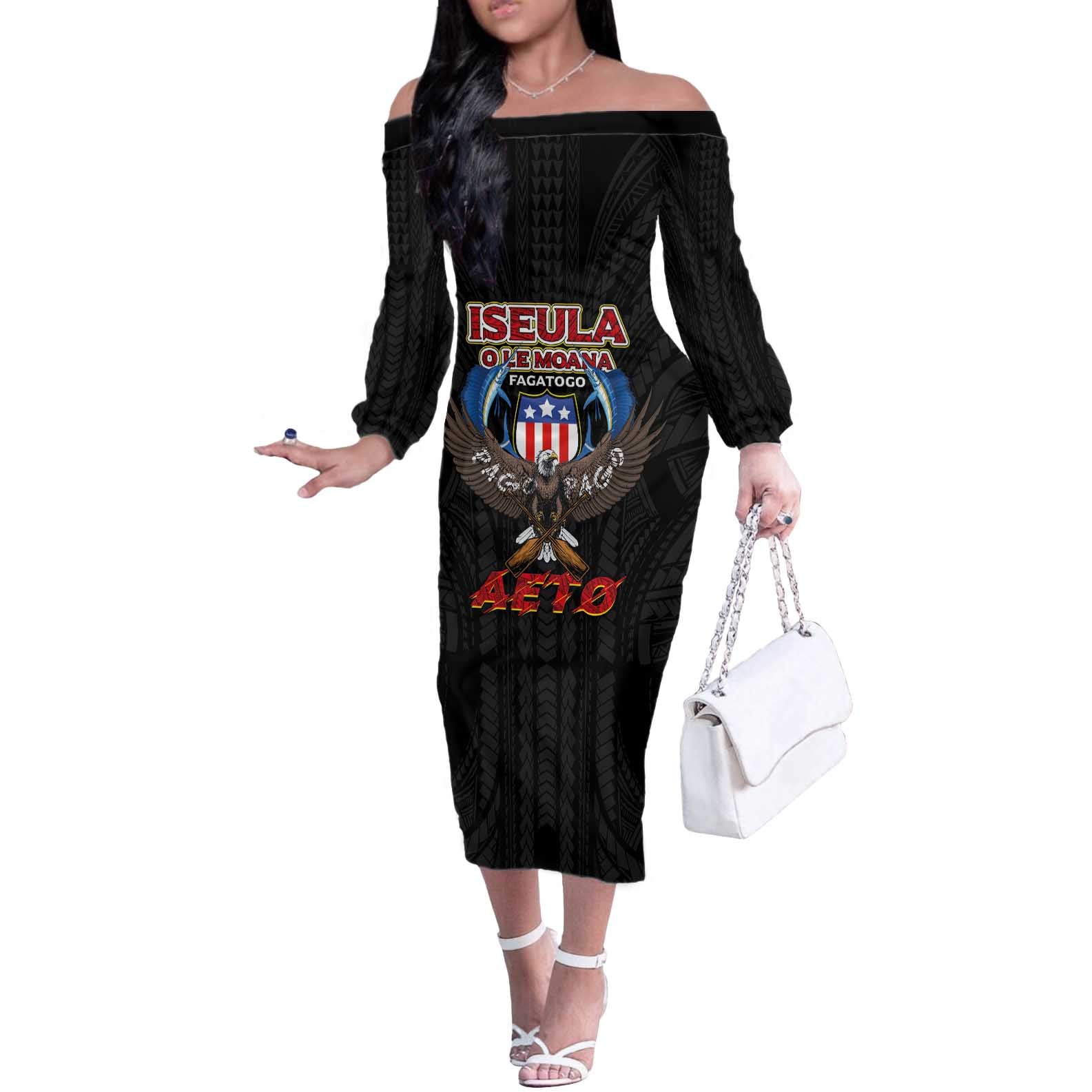 American Samoa Fautasi Off The Shoulder Long Sleeve Dress Pago Pago Aeto and Iseula o le Moana of Fagatogo Black Color - Polynesian Pride
