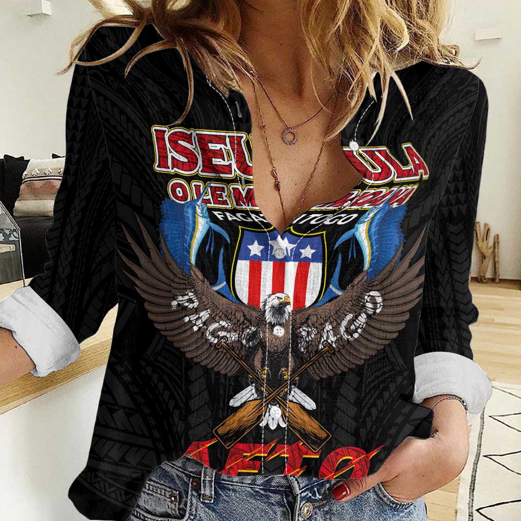 American Samoa Fautasi Women Casual Shirt Pago Pago Aeto and Iseula o le Moana of Fagatogo Black Color LT03 Female Black - Polynesian Pride