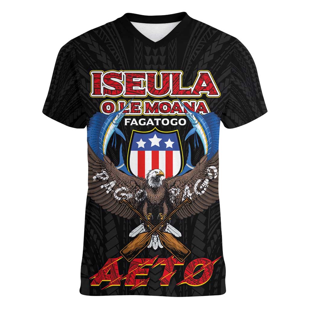 American Samoa Fautasi Women V-Neck T-Shirt Pago Pago Aeto and Iseula o le Moana of Fagatogo Black Color LT03 Female Black - Polynesian Pride