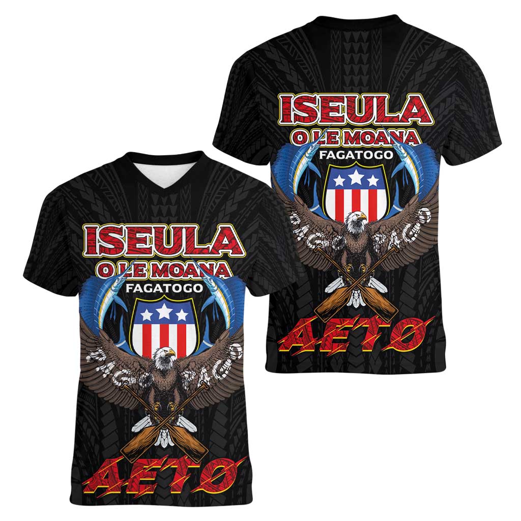 American Samoa Fautasi Women V-Neck T-Shirt Pago Pago Aeto and Iseula o le Moana of Fagatogo Black Color LT03 - Polynesian Pride