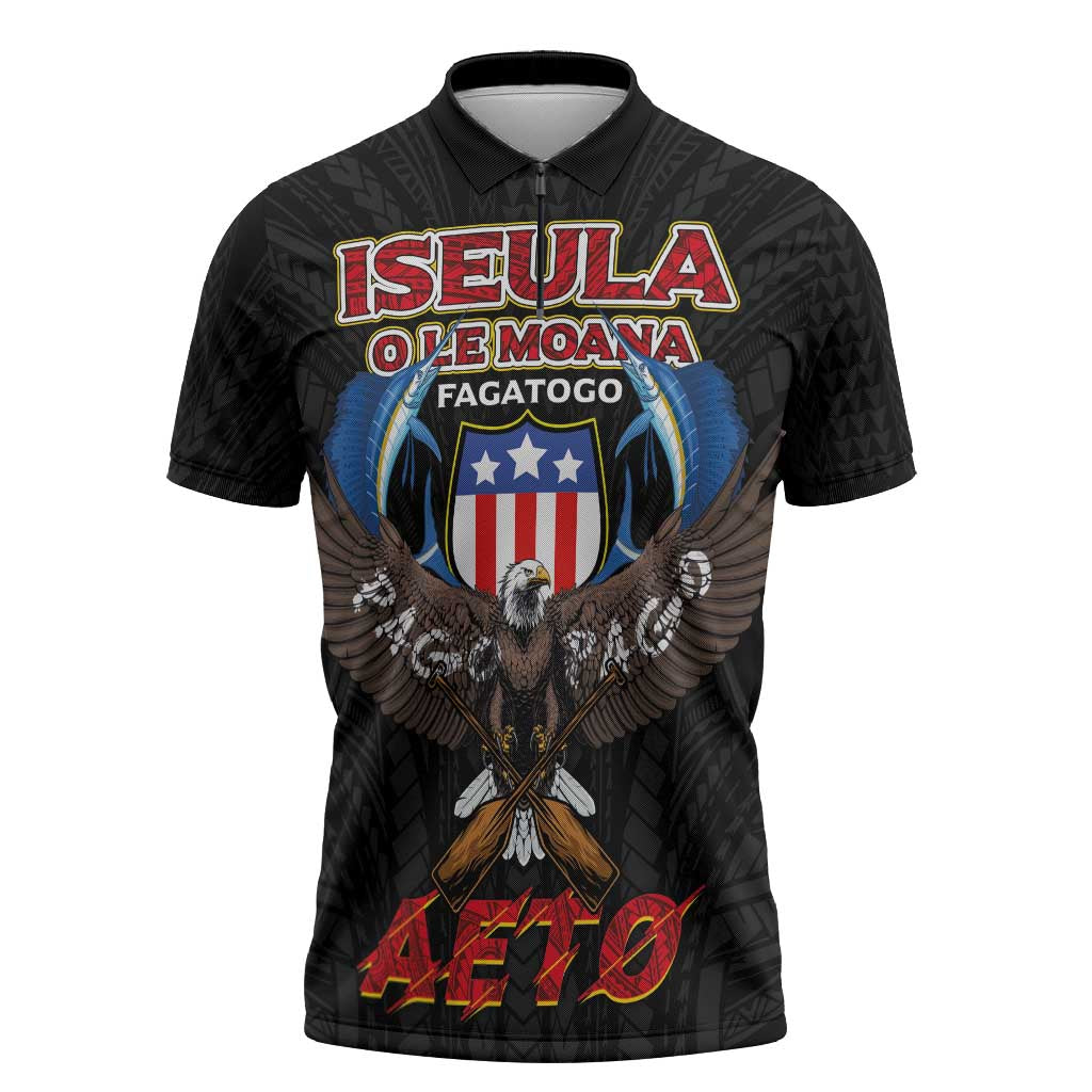 American Samoa Fautasi Zipper Polo Shirt Pago Pago Aeto and Iseula o le Moana of Fagatogo Black Color LT03 Black - Polynesian Pride