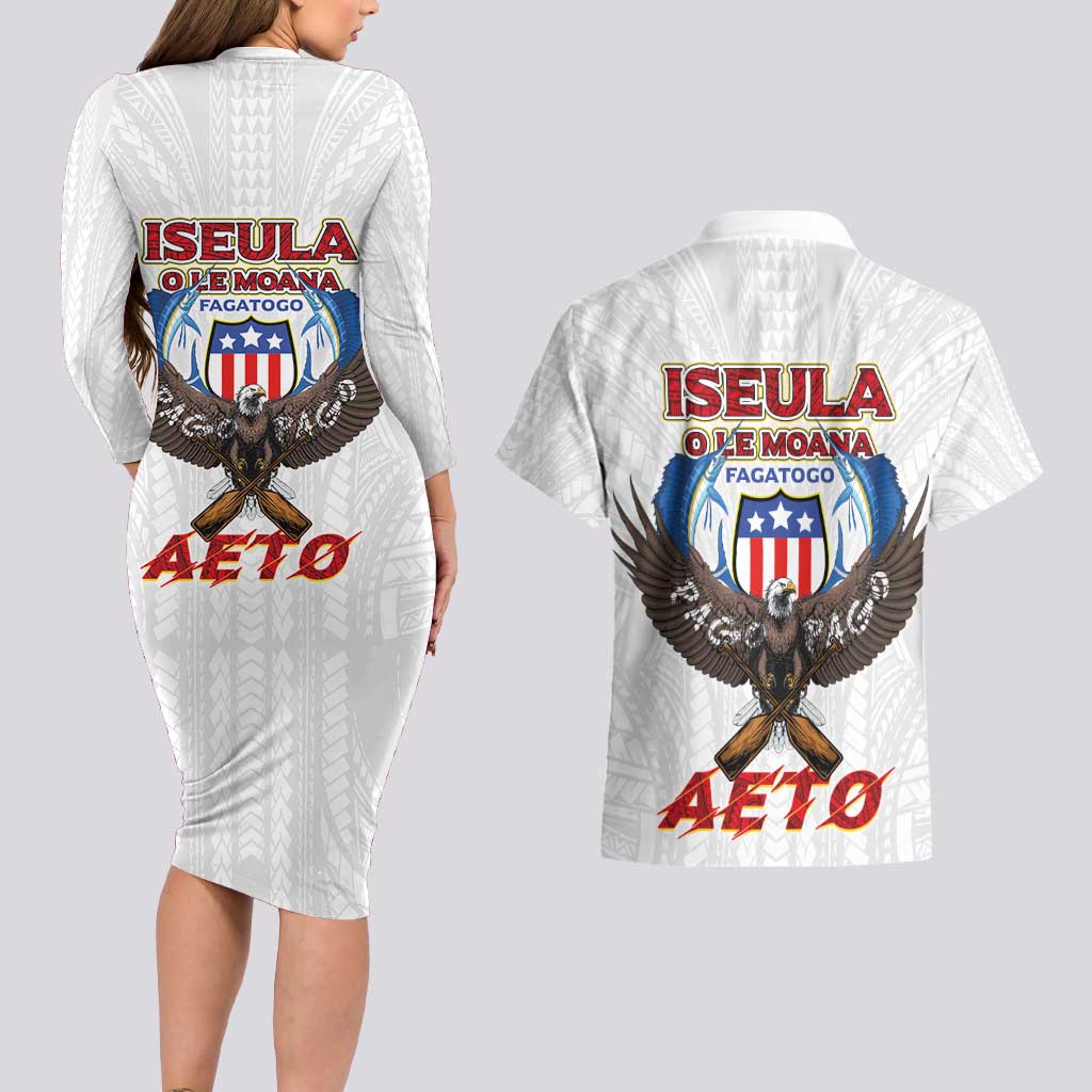 American Samoa Fautasi Couples Matching Long Sleeve Bodycon Dress and Hawaiian Shirt Pago Pago Aeto and Iseula o le Moana of Fagatogo White Color LT03 - Polynesian Pride