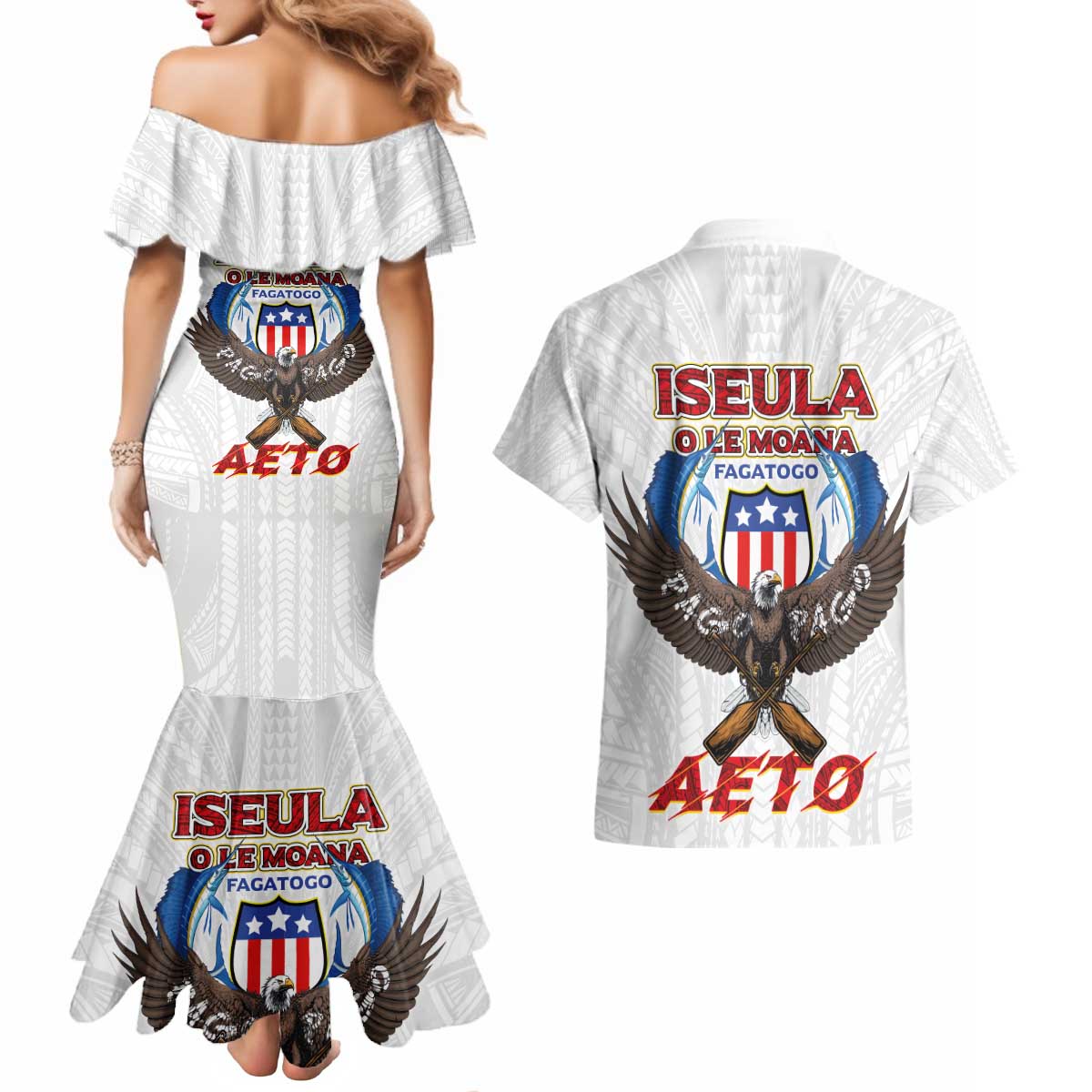 American Samoa Fautasi Couples Matching Mermaid Dress and Hawaiian Shirt Pago Pago Aeto and Iseula o le Moana of Fagatogo White Color LT03 - Polynesian Pride