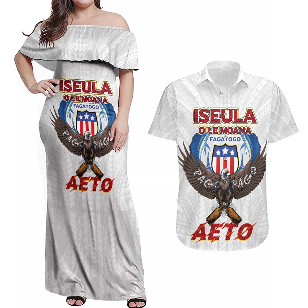 American Samoa Fautasi Couples Matching Off Shoulder Maxi Dress and Hawaiian Shirt Pago Pago Aeto and Iseula o le Moana of Fagatogo White Color LT03 White - Polynesian Pride