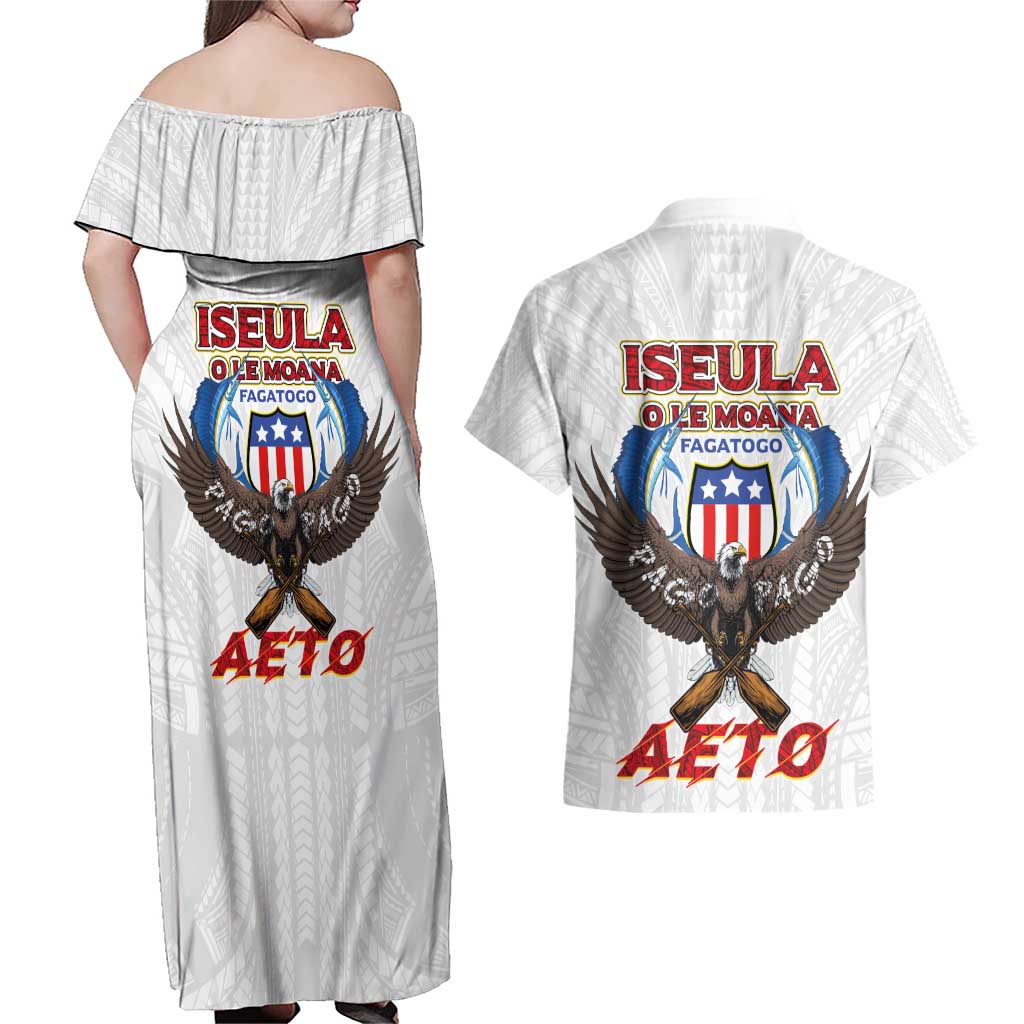 American Samoa Fautasi Couples Matching Off Shoulder Maxi Dress and Hawaiian Shirt Pago Pago Aeto and Iseula o le Moana of Fagatogo White Color LT03 - Polynesian Pride