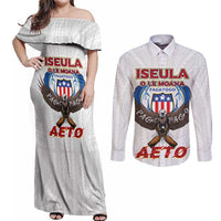 American Samoa Fautasi Couples Matching Off Shoulder Maxi Dress and Long Sleeve Button Shirt Pago Pago Aeto and Iseula o le Moana of Fagatogo White Color LT03 White - Polynesian Pride