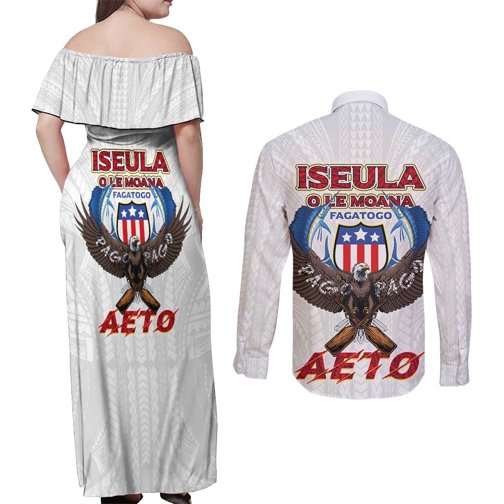 American Samoa Fautasi Couples Matching Off Shoulder Maxi Dress and Long Sleeve Button Shirt Pago Pago Aeto and Iseula o le Moana of Fagatogo White Color LT03 - Polynesian Pride