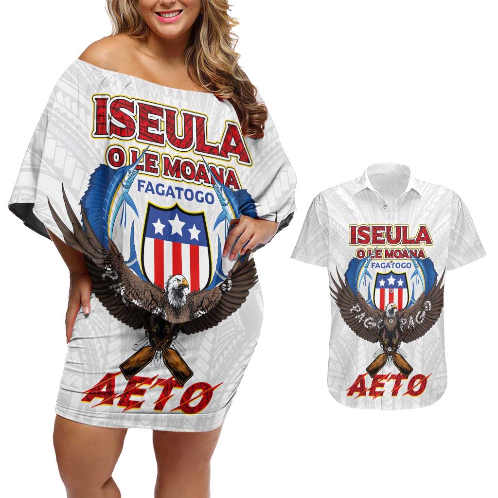 American Samoa Fautasi Couples Matching Off Shoulder Short Dress and Hawaiian Shirt Pago Pago Aeto and Iseula o le Moana of Fagatogo White Color LT03 White - Polynesian Pride