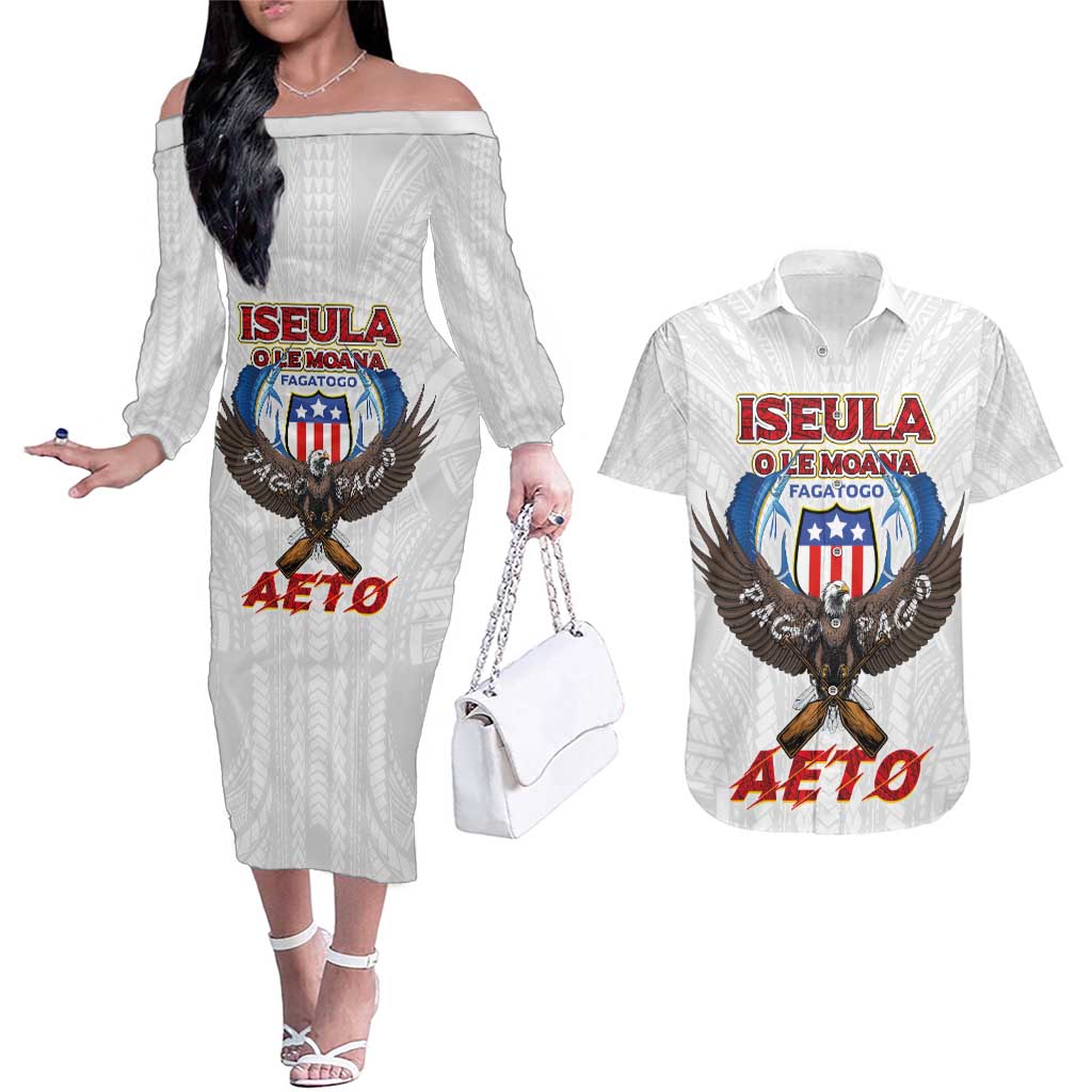 American Samoa Fautasi Couples Matching Off The Shoulder Long Sleeve Dress and Hawaiian Shirt Pago Pago Aeto and Iseula o le Moana of Fagatogo White Color LT03 White - Polynesian Pride