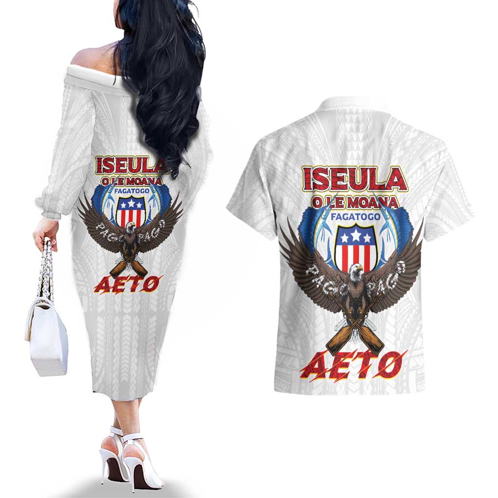 American Samoa Fautasi Couples Matching Off The Shoulder Long Sleeve Dress and Hawaiian Shirt Pago Pago Aeto and Iseula o le Moana of Fagatogo White Color LT03 - Polynesian Pride