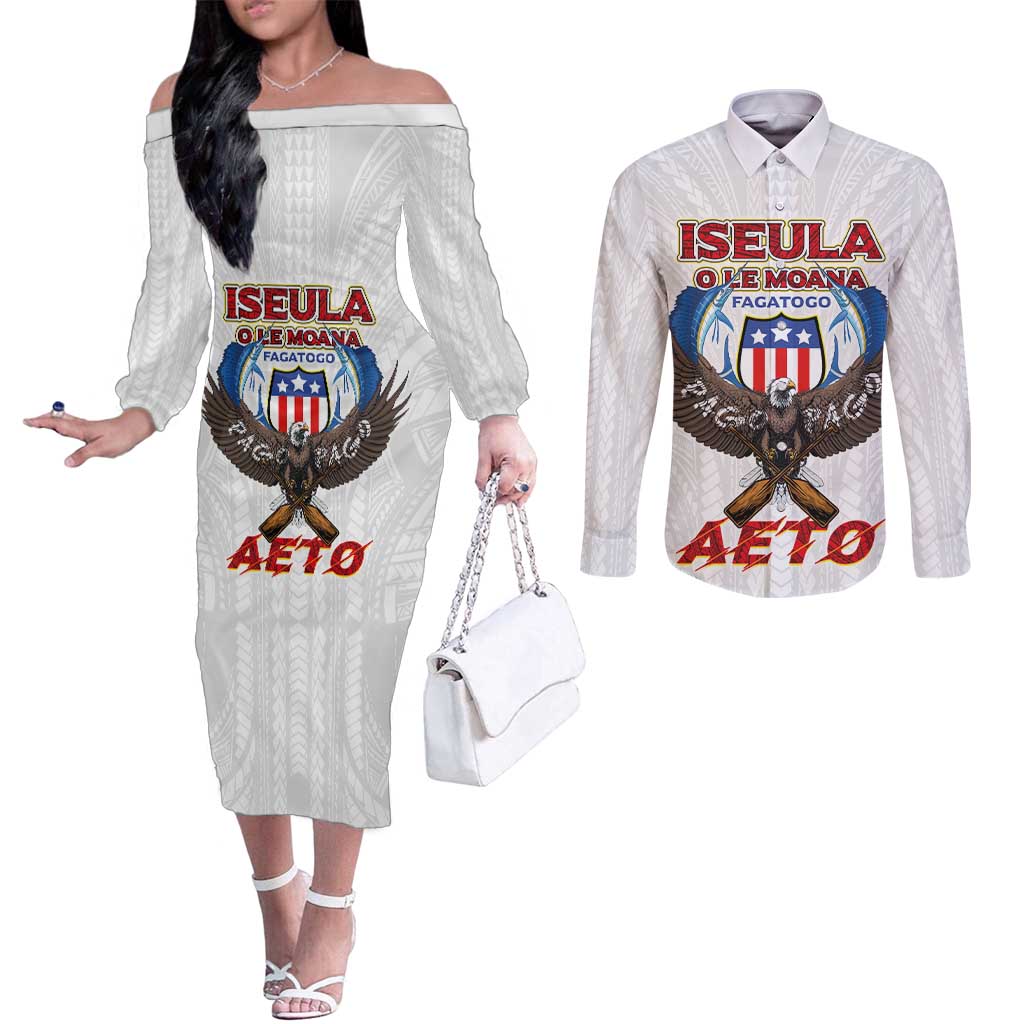 American Samoa Fautasi Couples Matching Off The Shoulder Long Sleeve Dress and Long Sleeve Button Shirt Pago Pago Aeto and Iseula o le Moana of Fagatogo White Color LT03 White - Polynesian Pride