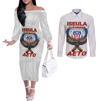 American Samoa Fautasi Couples Matching Off The Shoulder Long Sleeve Dress and Long Sleeve Button Shirt Pago Pago Aeto and Iseula o le Moana of Fagatogo White Color LT03 White - Polynesian Pride