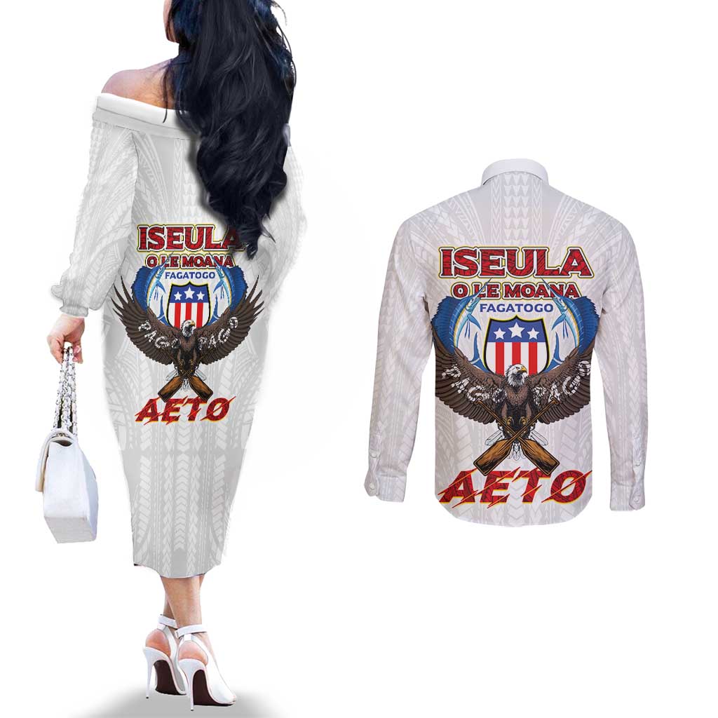 American Samoa Fautasi Couples Matching Off The Shoulder Long Sleeve Dress and Long Sleeve Button Shirt Pago Pago Aeto and Iseula o le Moana of Fagatogo White Color LT03 - Polynesian Pride