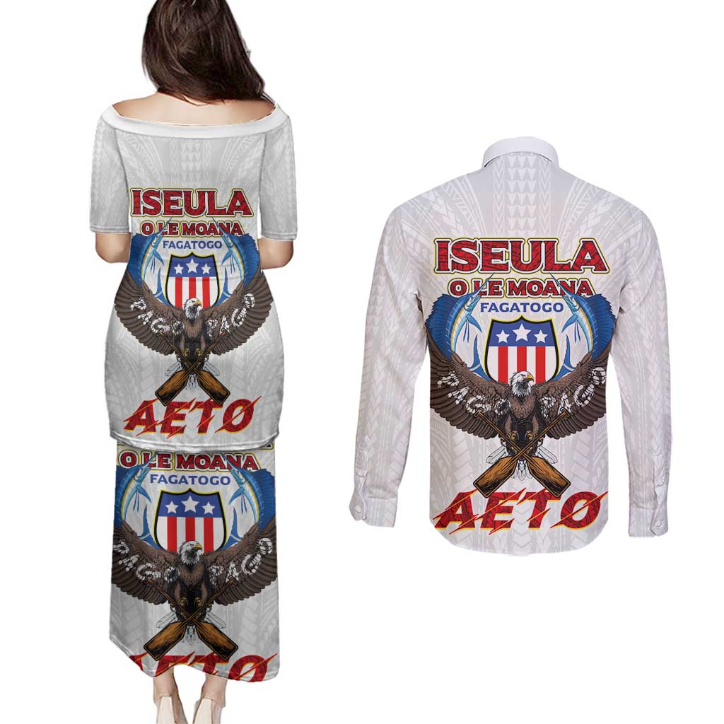 American Samoa Fautasi Couples Matching Puletasi and Long Sleeve Button Shirt Pago Pago Aeto and Iseula o le Moana of Fagatogo White Color LT03 - Polynesian Pride