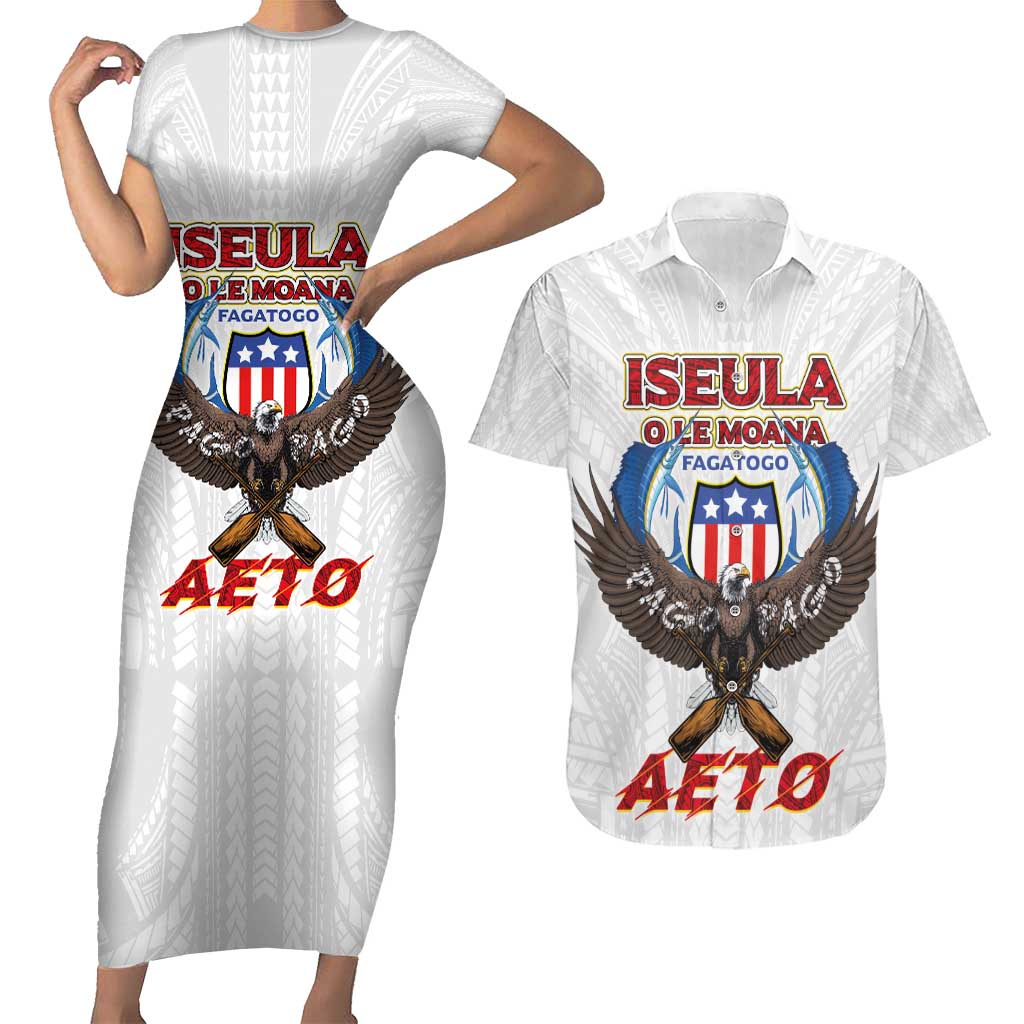 American Samoa Fautasi Couples Matching Short Sleeve Bodycon Dress and Hawaiian Shirt Pago Pago Aeto and Iseula o le Moana of Fagatogo White Color LT03 White - Polynesian Pride