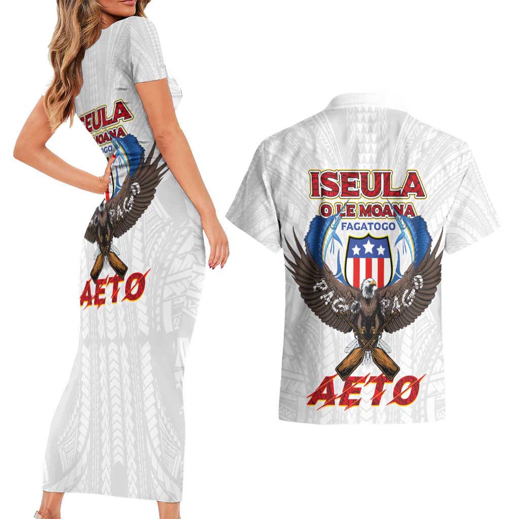 American Samoa Fautasi Couples Matching Short Sleeve Bodycon Dress and Hawaiian Shirt Pago Pago Aeto and Iseula o le Moana of Fagatogo White Color LT03 - Polynesian Pride