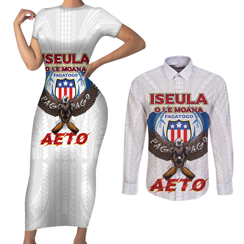 American Samoa Fautasi Couples Matching Short Sleeve Bodycon Dress and Long Sleeve Button Shirt Pago Pago Aeto and Iseula o le Moana of Fagatogo White Color LT03 White - Polynesian Pride