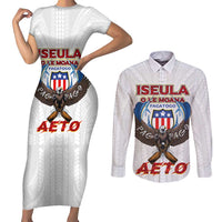 American Samoa Fautasi Couples Matching Short Sleeve Bodycon Dress and Long Sleeve Button Shirt Pago Pago Aeto and Iseula o le Moana of Fagatogo White Color LT03 White - Polynesian Pride