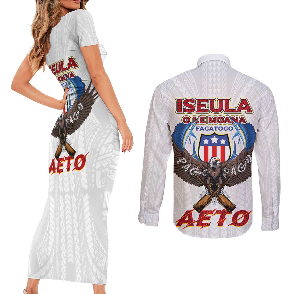 American Samoa Fautasi Couples Matching Short Sleeve Bodycon Dress and Long Sleeve Button Shirt Pago Pago Aeto and Iseula o le Moana of Fagatogo White Color LT03 - Polynesian Pride