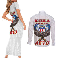 American Samoa Fautasi Couples Matching Short Sleeve Bodycon Dress and Long Sleeve Button Shirt Pago Pago Aeto and Iseula o le Moana of Fagatogo White Color LT03 - Polynesian Pride