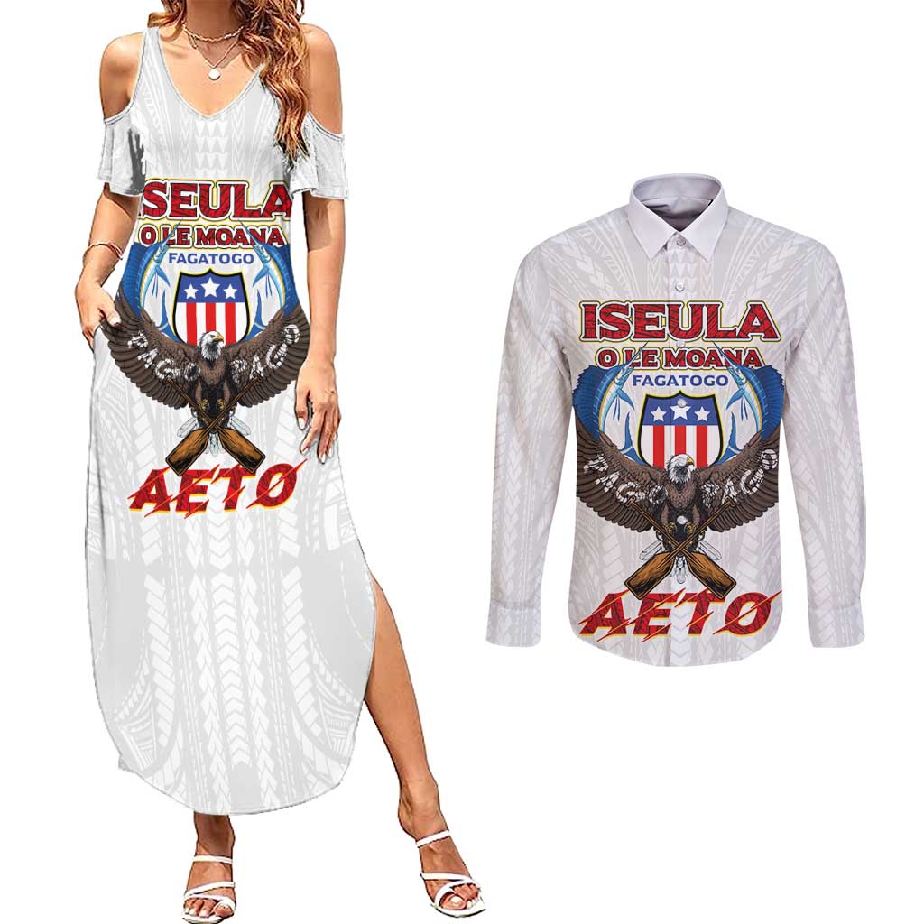 American Samoa Fautasi Couples Matching Summer Maxi Dress and Long Sleeve Button Shirt Pago Pago Aeto and Iseula o le Moana of Fagatogo White Color LT03 White - Polynesian Pride