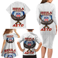 American Samoa Fautasi Family Matching Long Sleeve Bodycon Dress and Hawaiian Shirt Pago Pago Aeto and Iseula o le Moana of Fagatogo White Color LT03 - Polynesian Pride