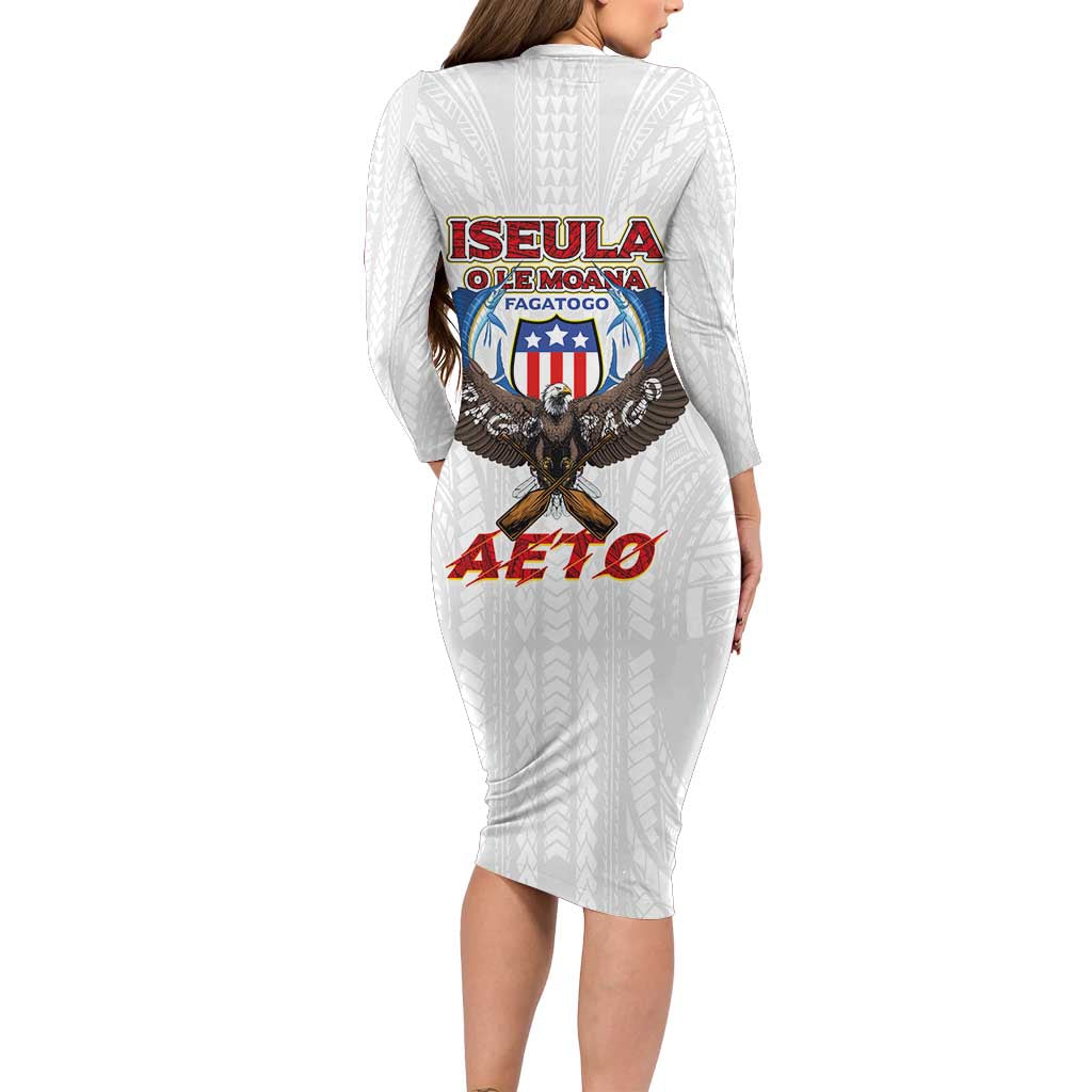 American Samoa Fautasi Family Matching Long Sleeve Bodycon Dress and Hawaiian Shirt Pago Pago Aeto and Iseula o le Moana of Fagatogo White Color LT03 - Polynesian Pride